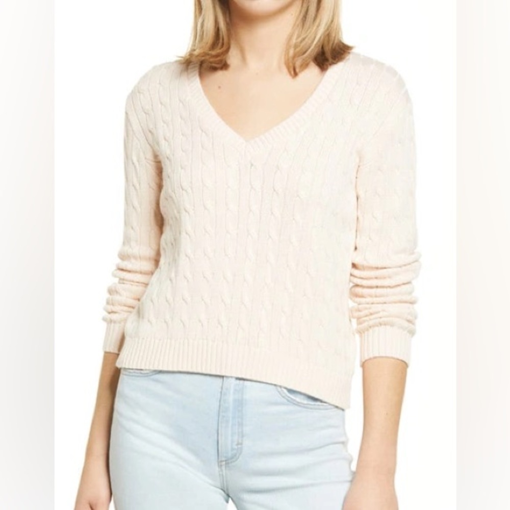Pink cable knit v neck sweater
